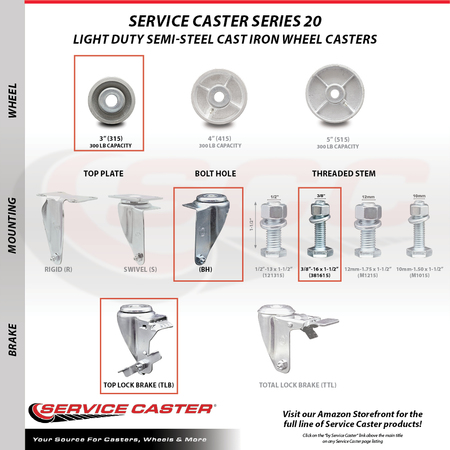 Service Caster Semi Steel Swvl TS Caster w/RB w/3"Wheel&3/8"Stem-4 Swvl w/Top Lck BRK, 4PK SCC-TS20S315-SSR-TLB-381615-4